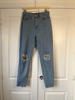 Light Blue High Waisted Straight Leg Distressed Jeans Boohoo Size 10