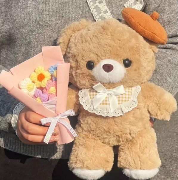 Plush Teddy Bear With Lace Collar And Bow image 3