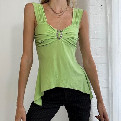 Green Sleeveless Top With Decorative Ring