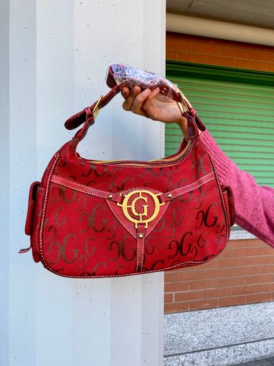Red Handbag With Gg Pattern And Gold Hardware