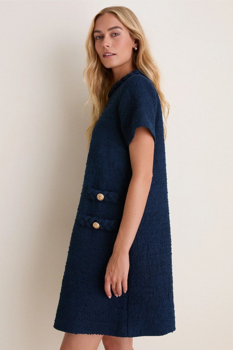 Navy Blue Textured Short Sleeve Dress image 1