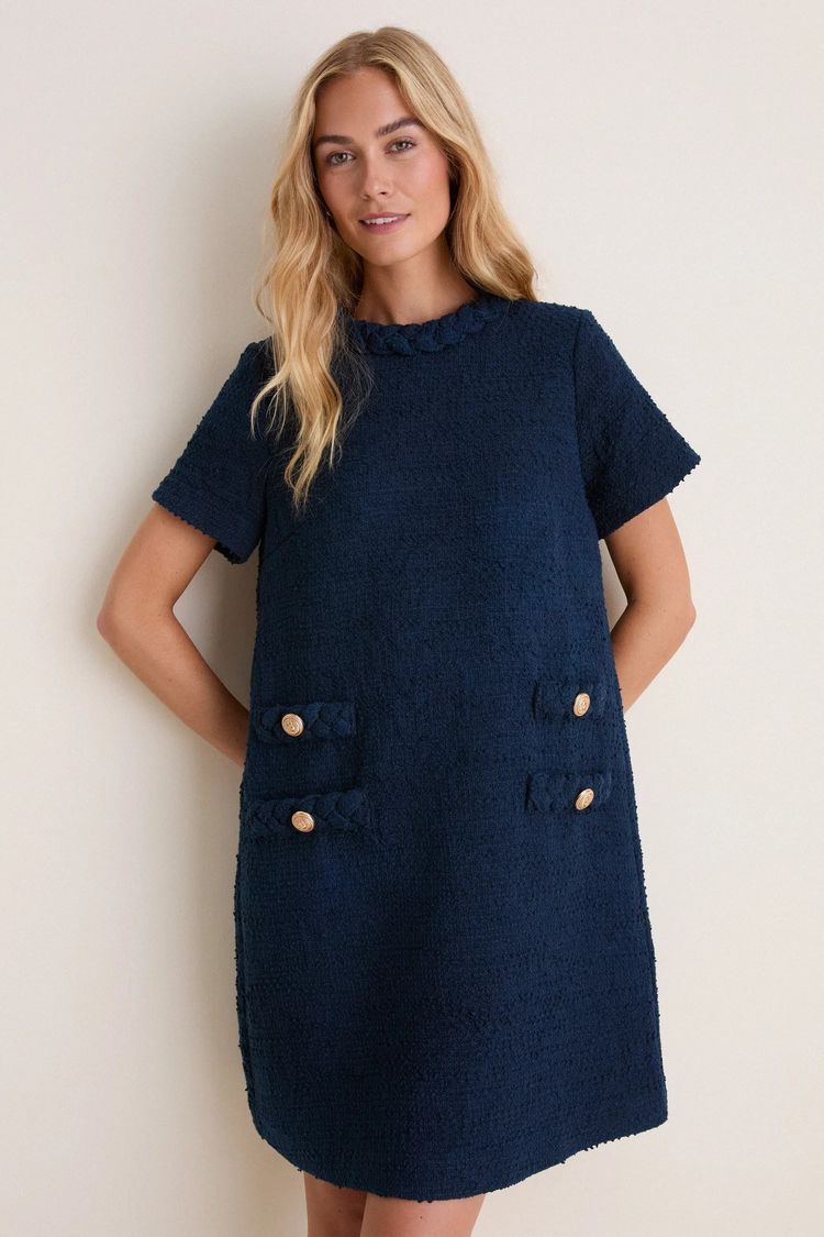Navy Blue Textured Short Sleeve Dress image 4