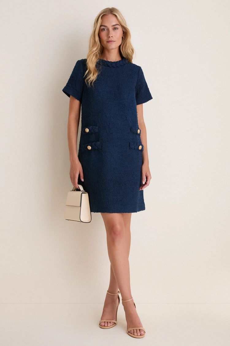 Navy Blue Textured Short Sleeve Dress image 5