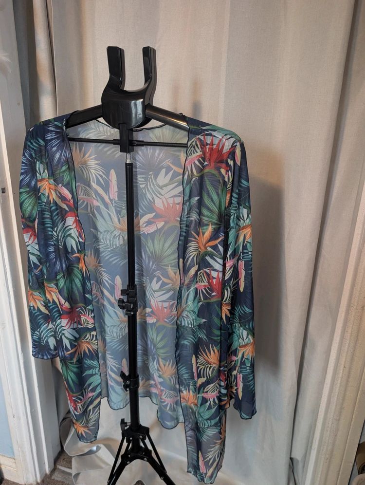 Sheer Mesh Tropical Floral Kimono Cardigan Beach Cover Up Navy Size M image 2