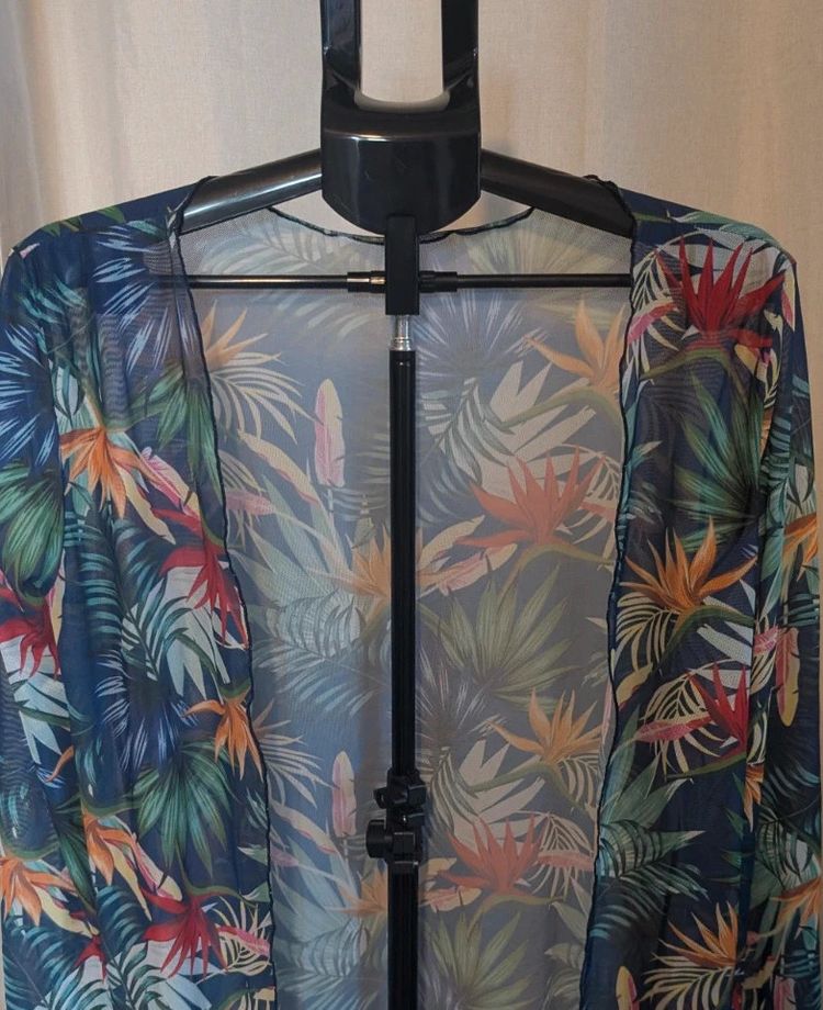Sheer Mesh Tropical Floral Kimono Cardigan Beach Cover Up Navy Size M image 6