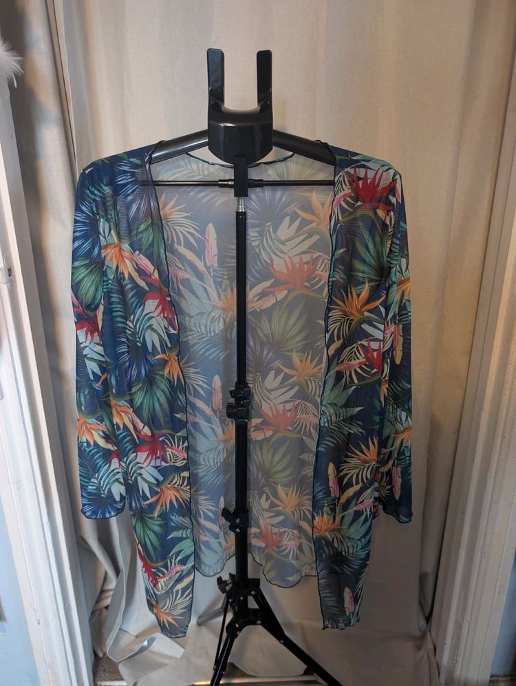 Sheer Mesh Tropical Floral Kimono Cardigan Beach Cover Up Navy Size M image 1