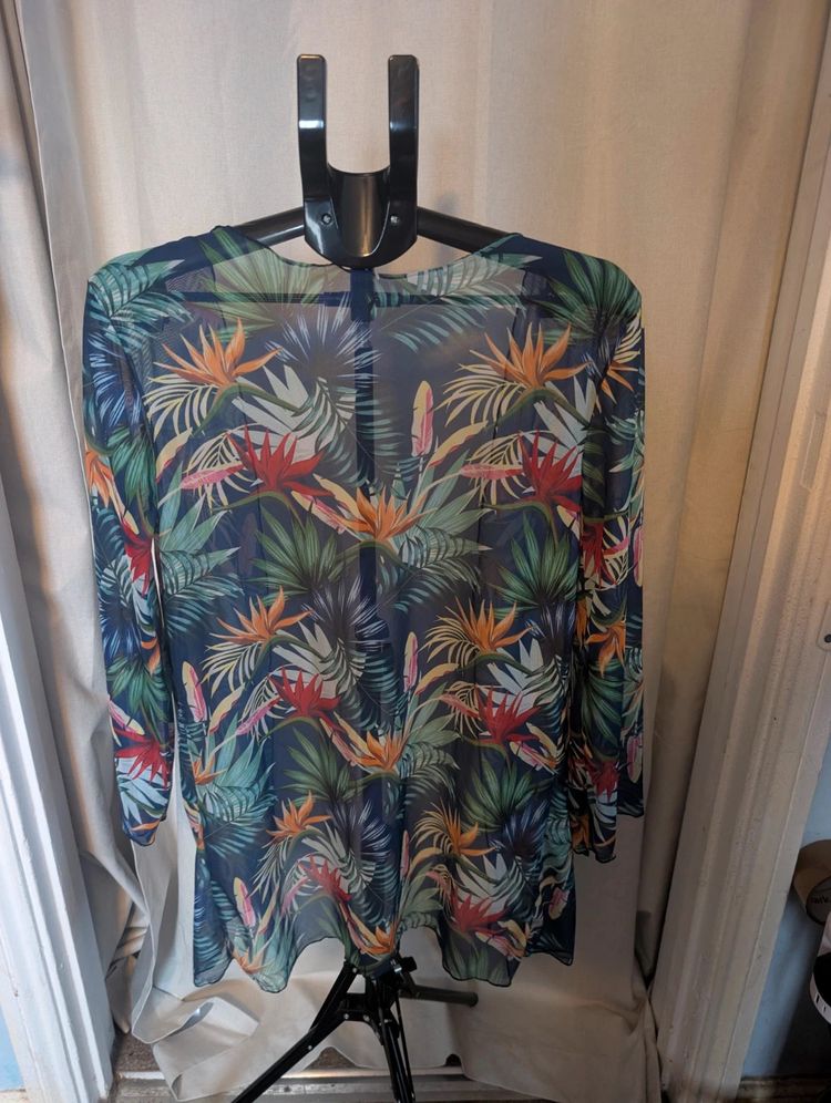 Sheer Mesh Tropical Floral Kimono Cardigan Beach Cover Up Navy Size M image 4