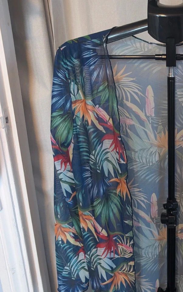 Sheer Mesh Tropical Floral Kimono Cardigan Beach Cover Up Navy Size M image 7