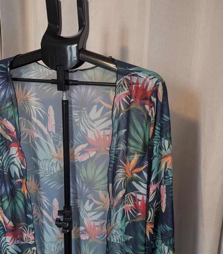 Sheer Mesh Tropical Floral Kimono Cardigan Beach Cover Up Navy Size M image 8