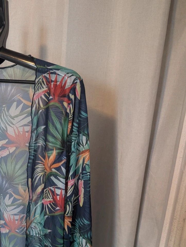 Sheer Mesh Tropical Floral Kimono Cardigan Beach Cover Up Navy Size M image 9