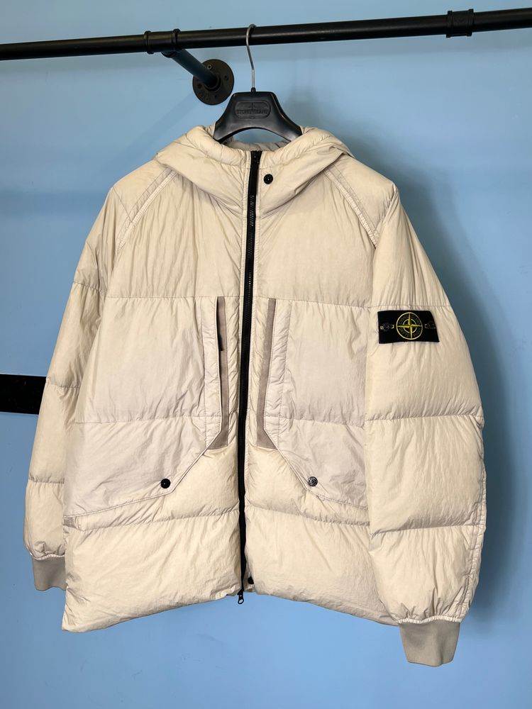 XL Stone Island Light Beige Garment Dyed Crinkle Reps R-NY Down Coat Jacket
