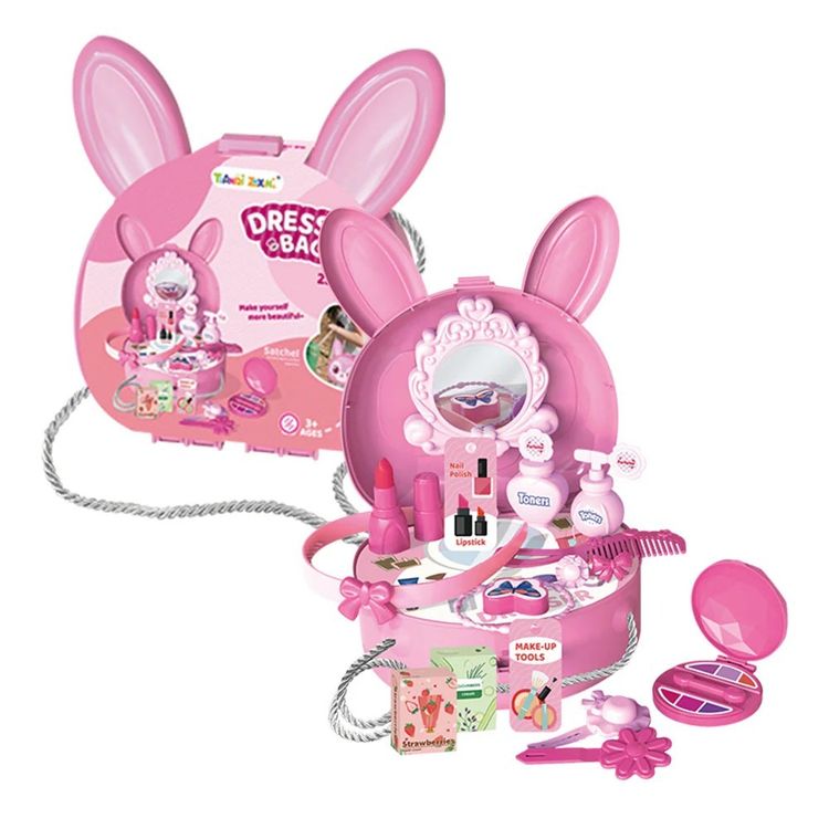 Bunny Rabbit Carry Case Travel Dresser Bag Beauty Station 23 Piece Play Set with Shoulder Strap - Pink - Easter Toys & Gift