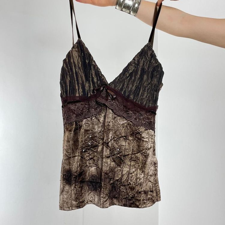 Brown Velvet Camisole Top With Lace Trim
