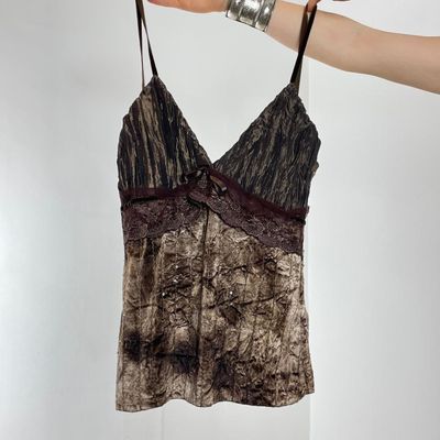 Brown Velvet Camisole Top With Lace Trim