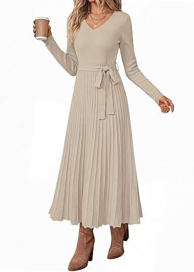 Beige Long Sleeve Pleated Midi Dress With Belt imagen 3