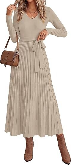 Beige Long Sleeve Pleated Midi Dress With Belt imagen 4