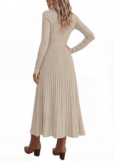 Beige Long Sleeve Pleated Midi Dress With Belt imagen 2