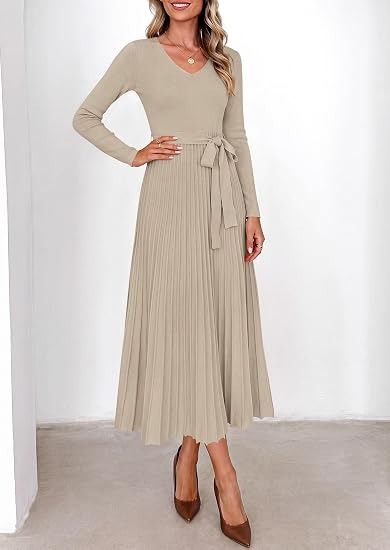 Beige Long Sleeve Pleated Midi Dress With Belt image 1