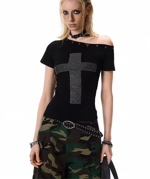 Other Black Studded Cross Off-Shoulder Top product image