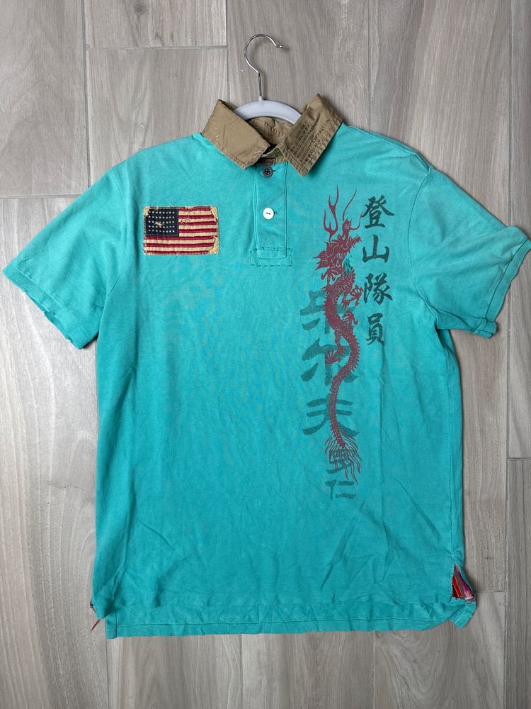 Turquoise Polo Shirt With Dragon And Flag Patches