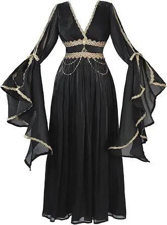 Black Long Dress With Gold Lace Trim And Chains imagen 1