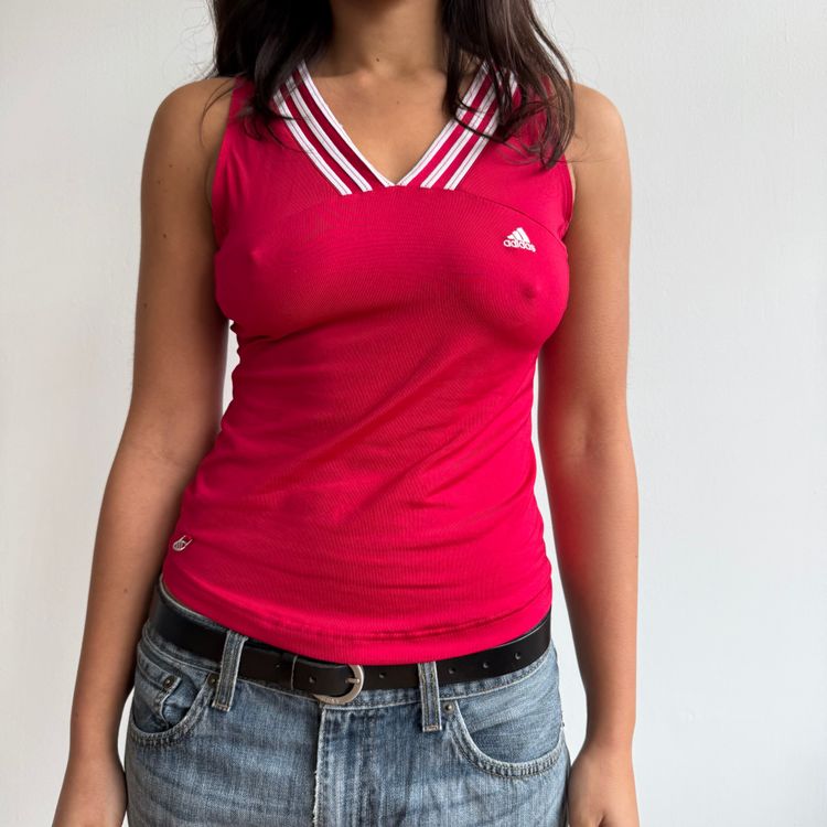Red Adidas white stripe top - Size S image 6