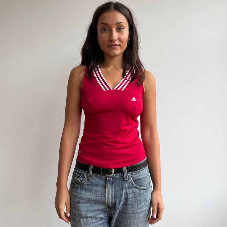 Red Adidas white stripe top - Size S image 1
