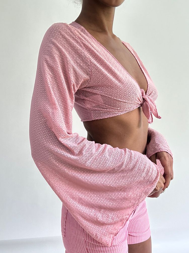 sailor drop | small pink flared sleeve tie up top image 3