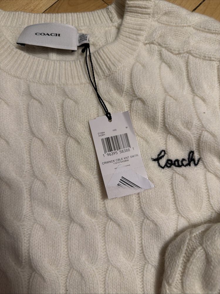 Immagine di Coach Cable Knit Sweater Ivory Cashmere Blend Medium Jumper £275 BNWT Crewneck 2