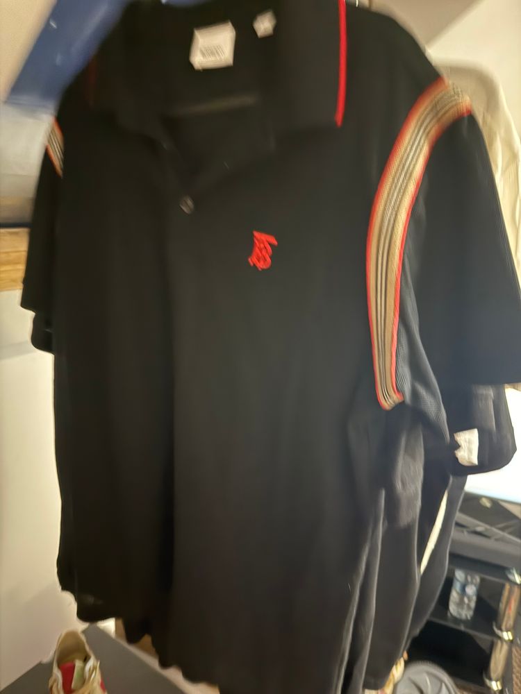 Burberry Black Polo Shirt With Red And Beige Stripes