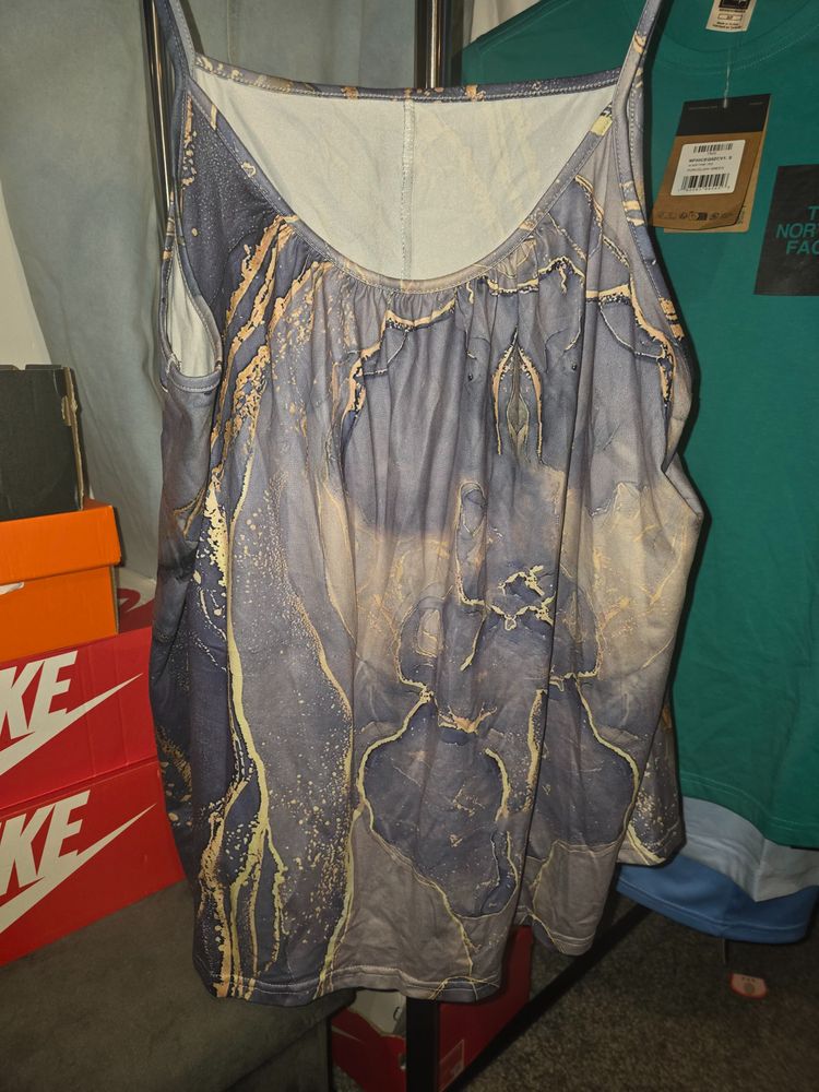 Blue And Beige Patterned Sleeveless Top