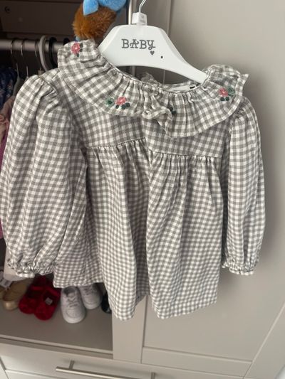 Grey Gingham Check Baby Dress With Floral Embroidery Collar