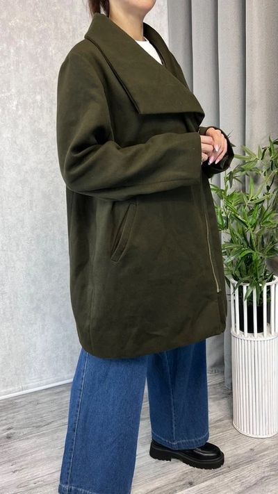 Płaszcz flauszowy z kołnierzem i zamkiem khaki rozmiar 54 plus size 5