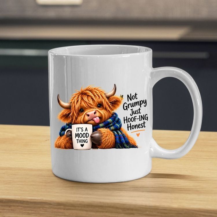 Other Humorous Mug Not Grumpy Just Hoof-ing Honest Highland Cow 325ml Ceramic Coffee Mug – Cute Animal Tea Cup with Blue Plaid Scarf & Mood Mug | Available in Multicolours | Fast Dispatch by UK Seller (M1279) product image