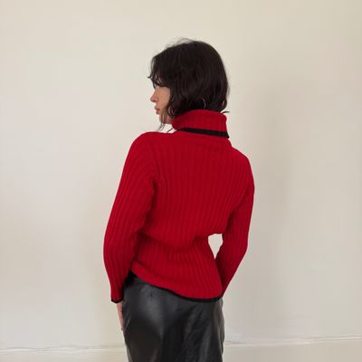 red ribbed turtleneck sweater