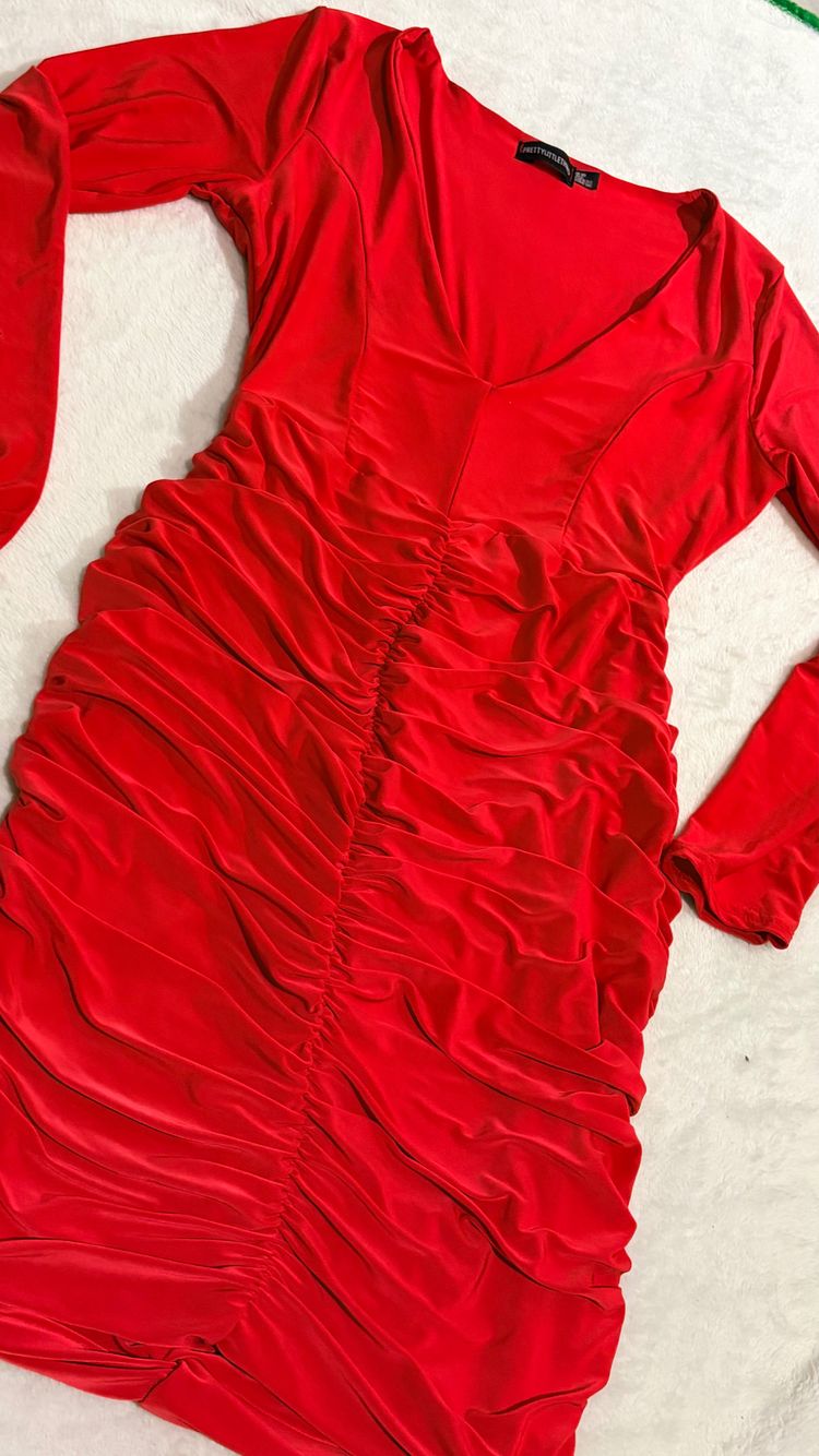 Red Ruched Long Sleeve Dress PLT  2