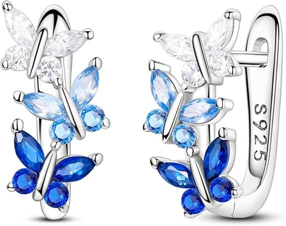 Silver Butterfly Earrings With Blue And White Stones image 1