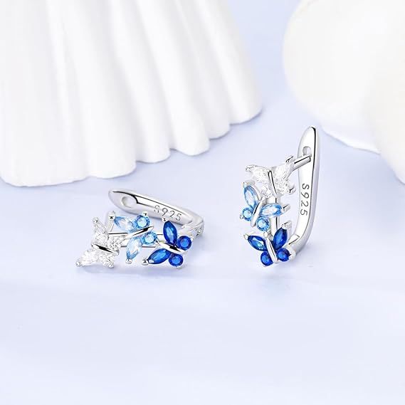Silver Butterfly Earrings With Blue And White Stones image 4