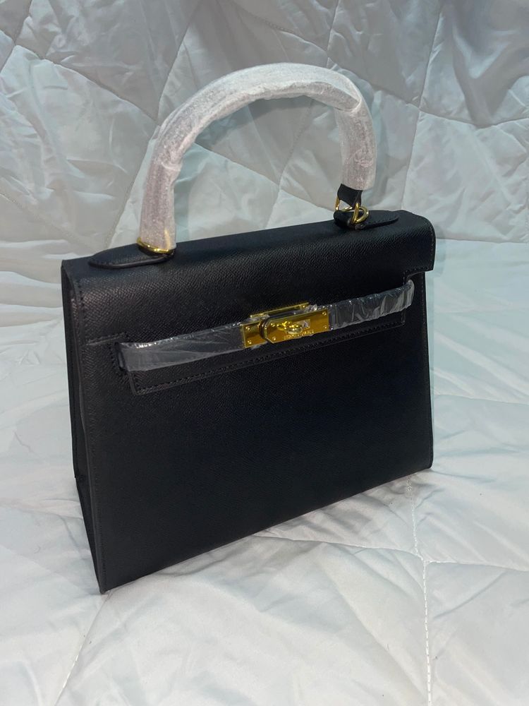 Black Structured Handbag With Gold Hardware 2