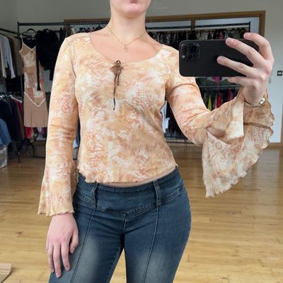 Beige Long Sleeve Top Tie Front