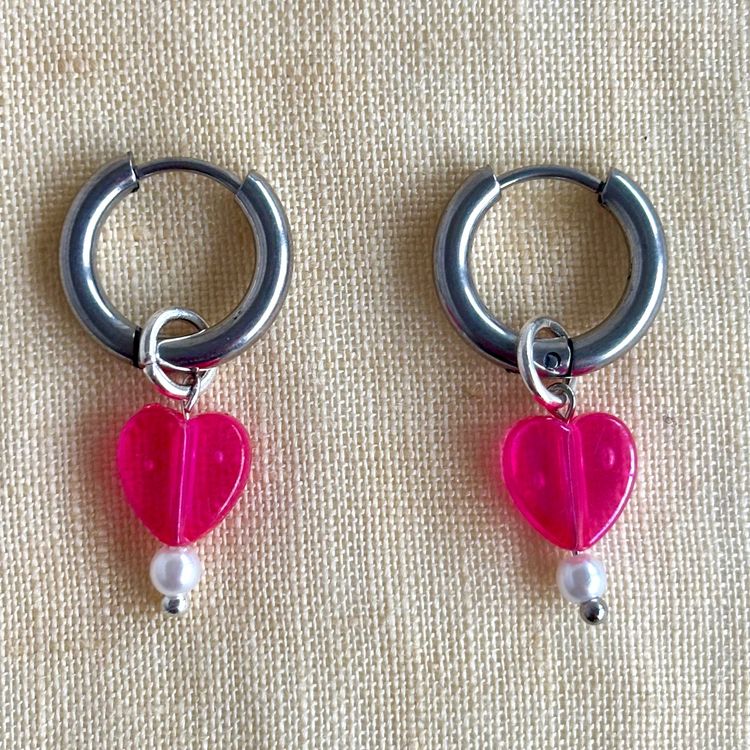 Other Silver Hoop Earrings With Pink Heart And Pearl Charms product image