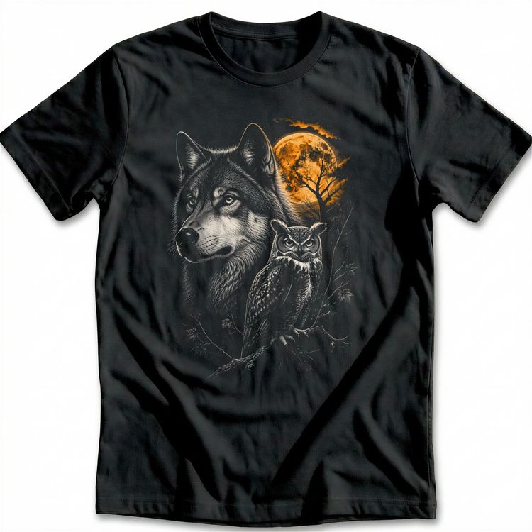 Wolf Owl Trees Silver Orange T-Shirt EU image 1