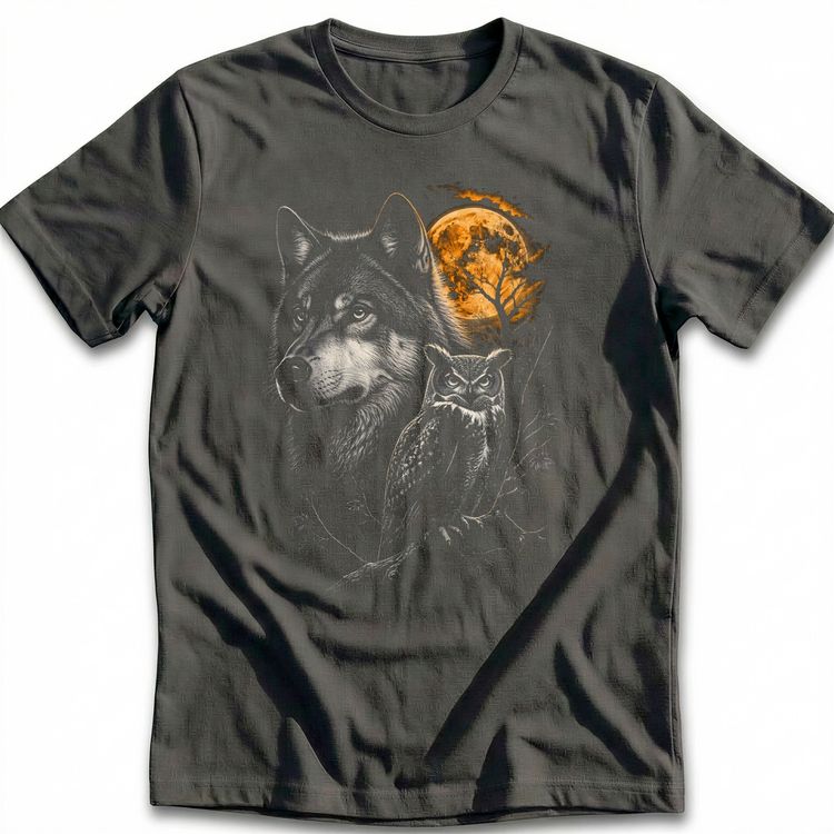 Wolf Owl Trees Silver Orange T-Shirt EU image 5