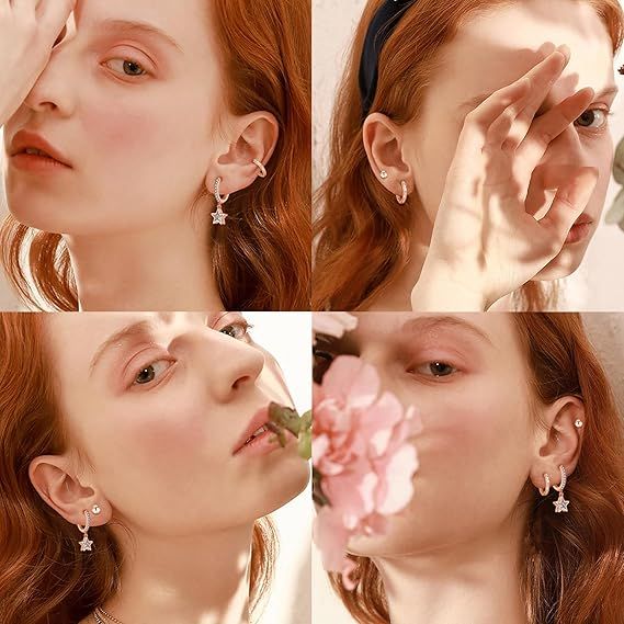 Silver Earrings Set With Cubic Zircon Star And Hoops obraz 5