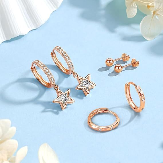 Silver Earrings Set With Cubic Zircon Star And Hoops obraz 3