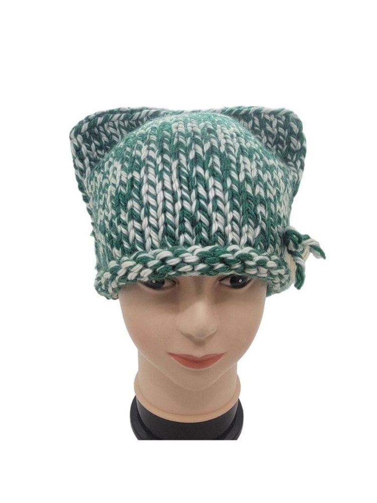Green And White Knitted Hat With Cat Ears image 2