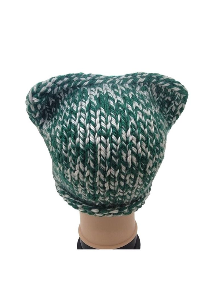 Green And White Knitted Hat With Cat Ears image 1