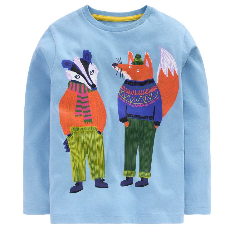 Mini Boden Boys Friends Long Sleeve Cotton Graphic Top In Light Blue image 1