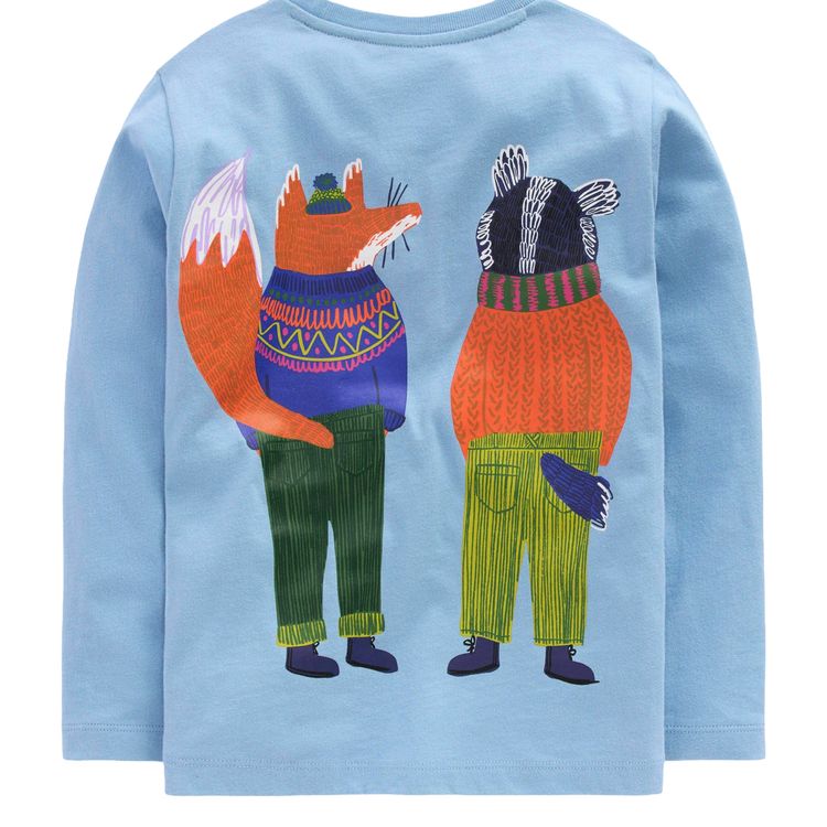 Mini Boden Boys Friends Long Sleeve Cotton Graphic Top In Light Blue obraz 3