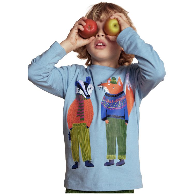 Mini Boden Boys Friends Long Sleeve Cotton Graphic Top In Light Blue obraz 2